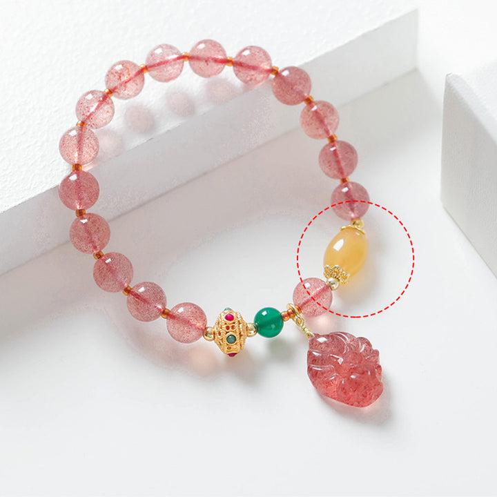 Braccialetto curativo Buddha Stones in quarzo fragola naturale con volpe a nove code
