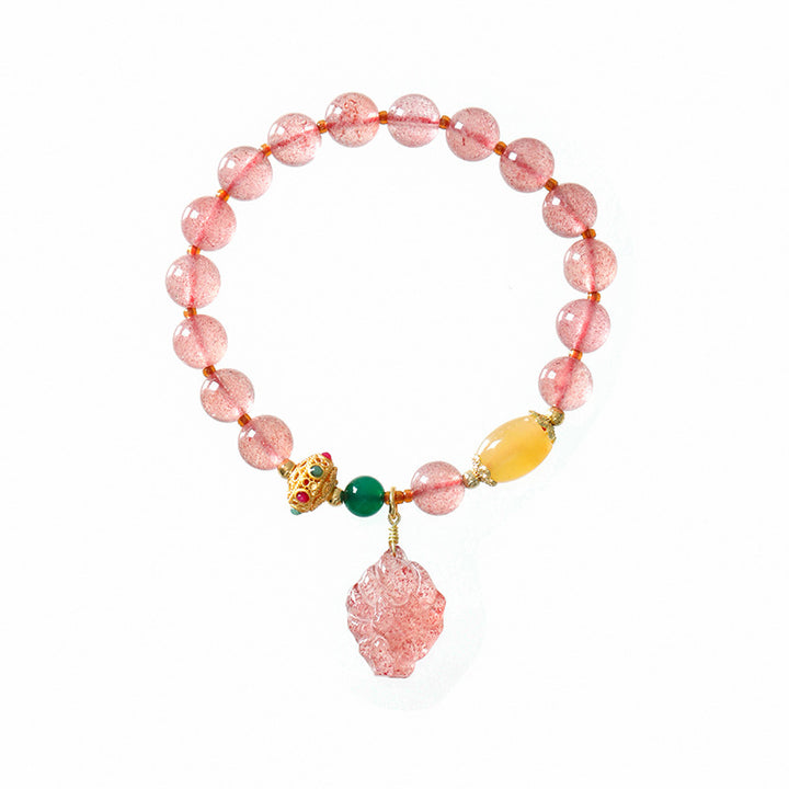 Braccialetto curativo Buddha Stones in quarzo fragola naturale con volpe a nove code