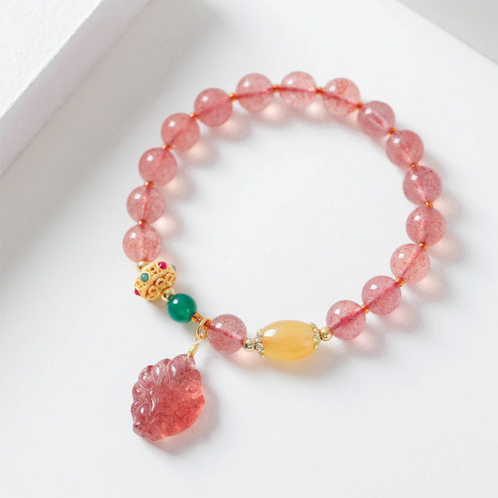 Braccialetto curativo Buddha Stones in quarzo fragola naturale con volpe a nove code