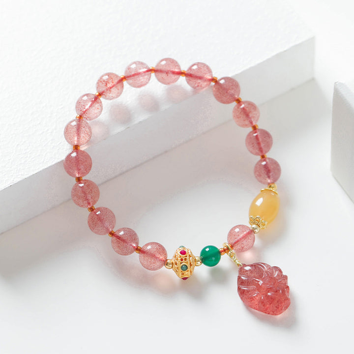 Braccialetto curativo Buddha Stones in quarzo fragola naturale con volpe a nove code