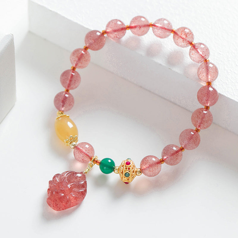 Braccialetto curativo Buddha Stones in quarzo fragola naturale con volpe a nove code