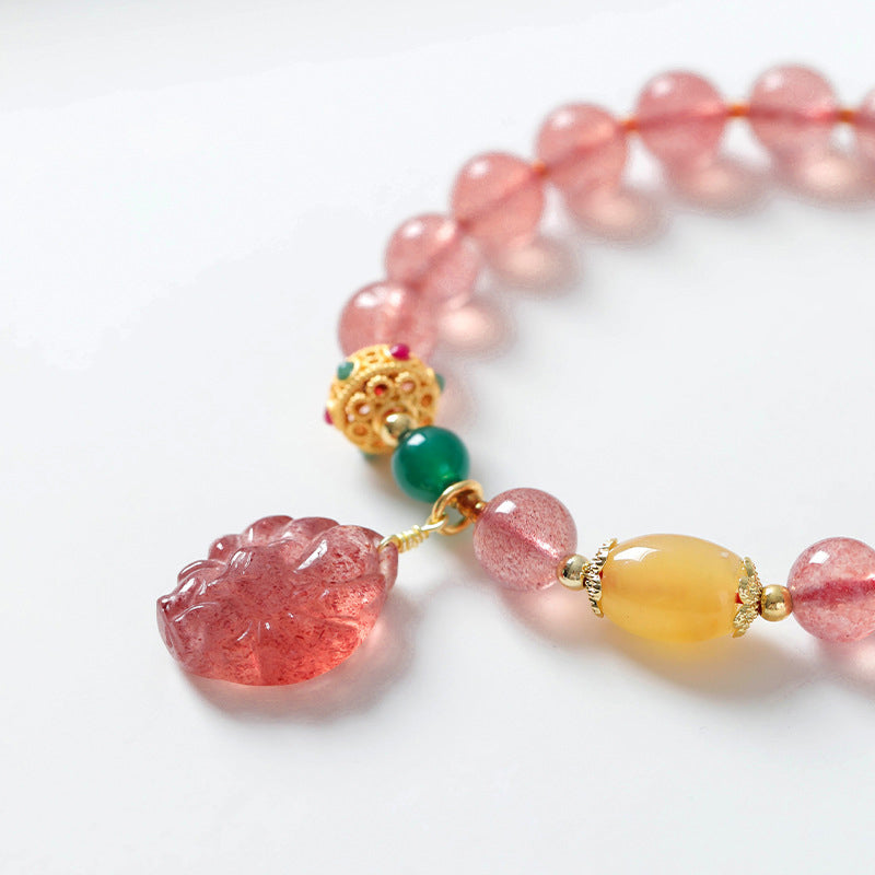 Braccialetto curativo Buddha Stones in quarzo fragola naturale con volpe a nove code