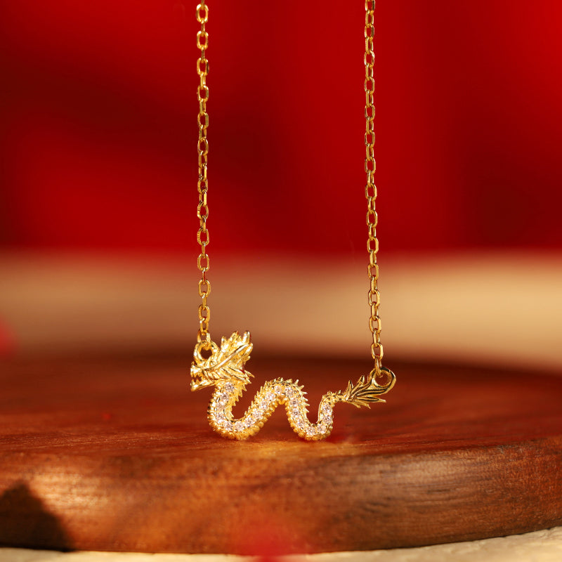 Buddha Stones con ciondolo a forma di catena con drago dorato di buon auspicio, in argento sterling 925, anno del drago - 4,78 g - image 0