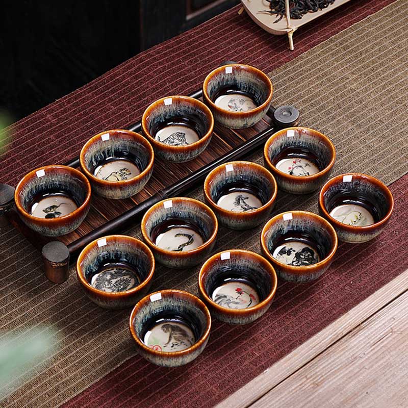 Buddha Stones 12 Zodiaco cinese Modello Tazza da tè in ceramica Kung Fu Jian Cinese Zhan Tazza da tè 73ml