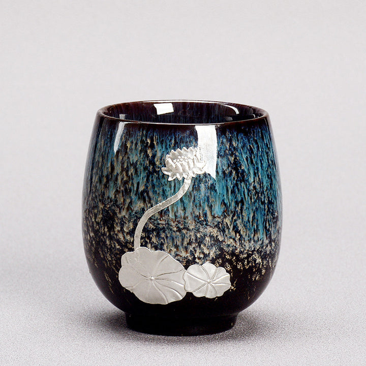 Buddha Stones Fiore di Loto d'Argento Foglia Tazza da Tè Cinese Jianzhan Ceramica Tazza da Tè Kung Fu 150ml