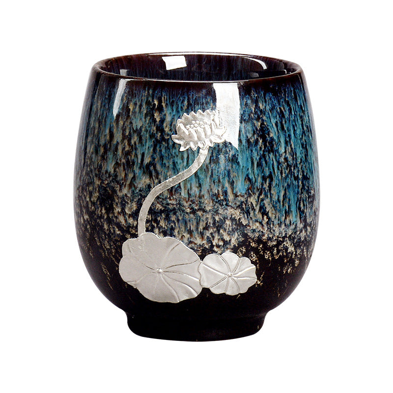 Buddha Stones Fiore di Loto d'Argento Foglia Tazza da Tè Cinese Jianzhan Ceramica Tazza da Tè Kung Fu 150ml
