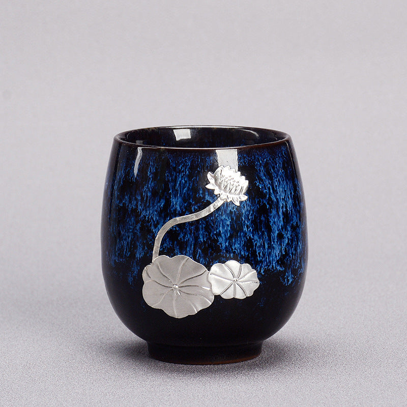 Buddha Stones Fiore di Loto d'Argento Foglia Tazza da Tè Cinese Jianzhan Ceramica Tazza da Tè Kung Fu 150ml