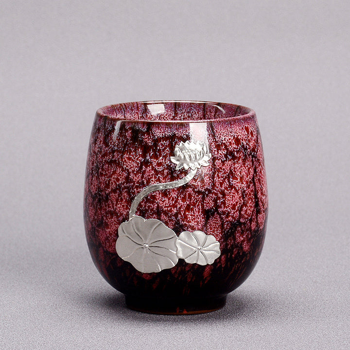 Buddha Stones Fiore di Loto d'Argento Foglia Tazza da Tè Cinese Jianzhan Ceramica Tazza da Tè Kung Fu 150ml