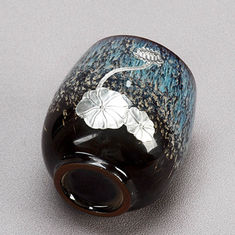 Buddha Stones Fiore di Loto d'Argento Foglia Tazza da Tè Cinese Jianzhan Ceramica Tazza da Tè Kung Fu 150ml