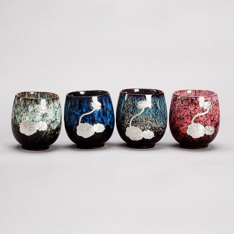 Buddha Stones Fiore di Loto d'Argento Foglia Tazza da Tè Cinese Jianzhan Ceramica Tazza da Tè Kung Fu 150ml