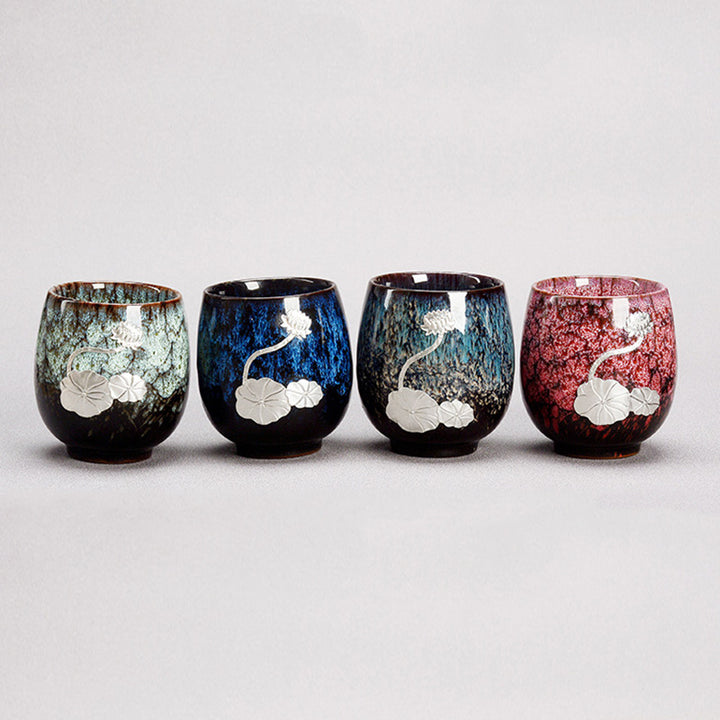 Buddha Stones Fiore di Loto d'Argento Foglia Tazza da Tè Cinese Jianzhan Ceramica Tazza da Tè Kung Fu 150ml