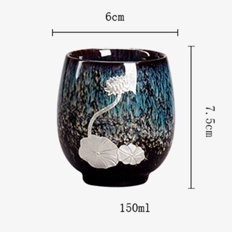 Buddha Stones Fiore di Loto d'Argento Foglia Tazza da Tè Cinese Jianzhan Ceramica Tazza da Tè Kung Fu 150ml