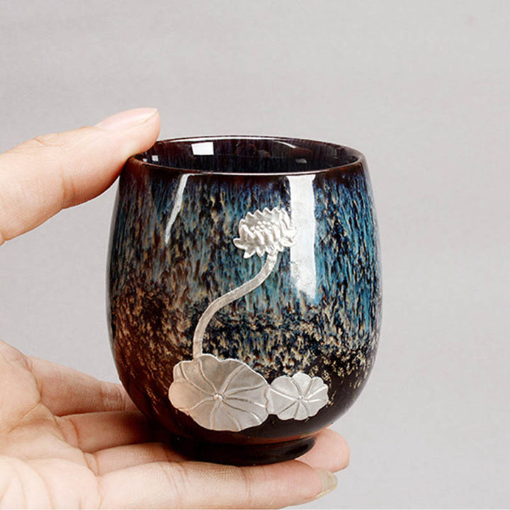 Buddha Stones Fiore di Loto d'Argento Foglia Tazza da Tè Cinese Jianzhan Ceramica Tazza da Tè Kung Fu 150ml