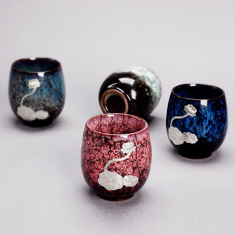 Buddha Stones Fiore di Loto d'Argento Foglia Tazza da Tè Cinese Jianzhan Ceramica Tazza da Tè Kung Fu 150ml