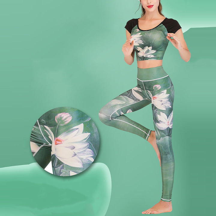 Buddha Stones 2 pezzi Lotus Phoenix fiori primaverili pavone stampa top pantaloni sport fitness yoga donne yoga set - image 2