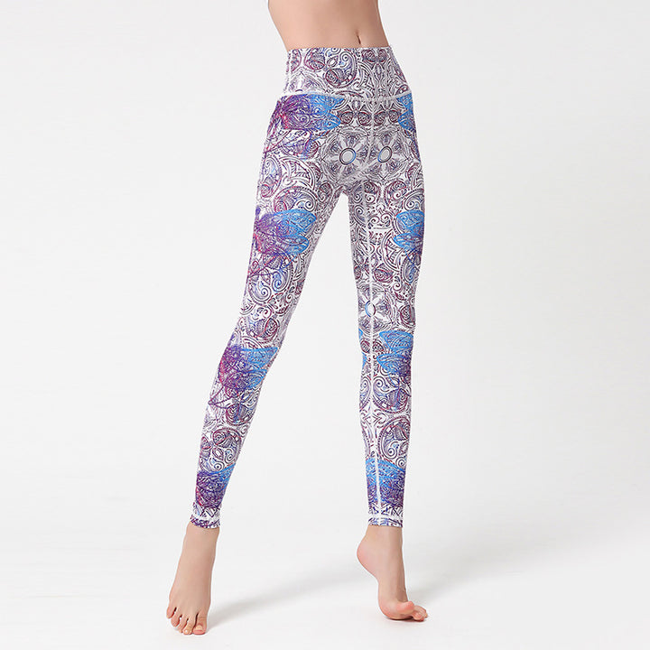 Pantaloni sportivi da yoga con stampa Buddha Stones Flowers Leaves Birds Fitness Leggings da yoga da donna - Viola Blu Bianco - US8-10, UK/AU12-14, EU40-42 (XL) - image 0