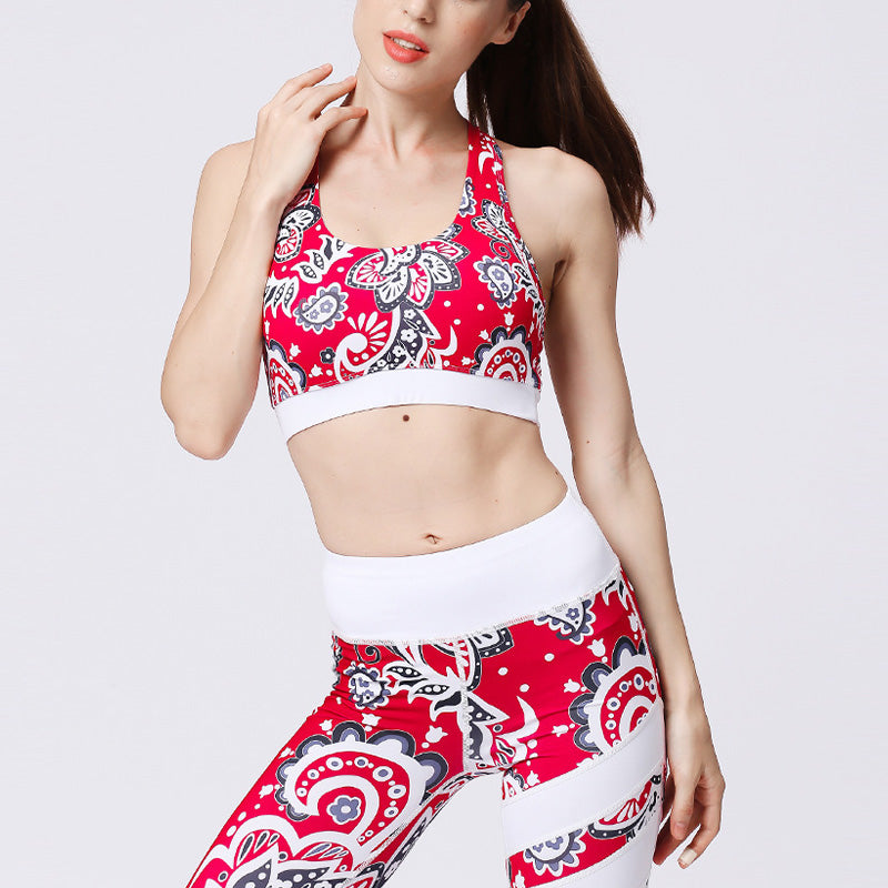 Buddha Stones 2 pezzi Girasole Fiori Foglie Stampa Top Pantaloni Sport Fitness Yoga Yoga Set da donna - Girasole rosso - US8-10, UK/AU12-14, EU40-42 (XL)  - image 0