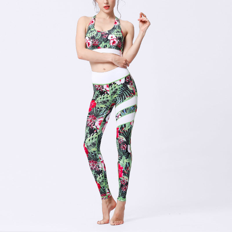 Buddha Stones 2 pezzi Girasole Fiori Foglie Stampa Top Pantaloni Sport Fitness Yoga Yoga Set da donna - Fiori rossi verdi - US8-10, UK/AU12-14, EU40-42 (XL)  - image 4