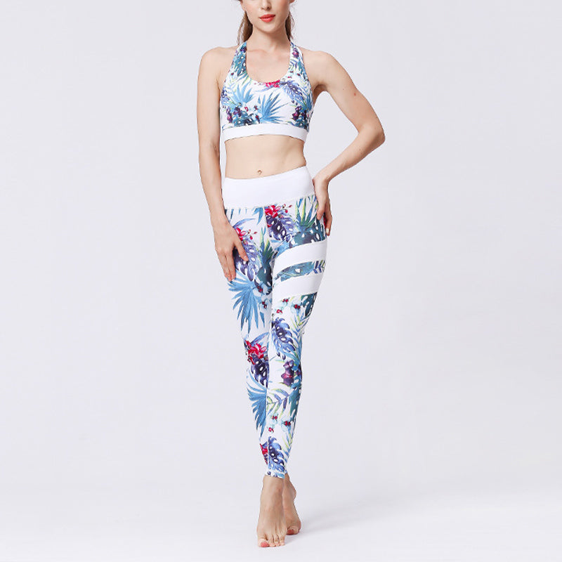 Buddha Stones 2 pezzi Girasole Fiori Foglie Stampa Top Pantaloni Sport Fitness Yoga Yoga Set da donna - Albero bianco blu - US8-10, UK/AU12-14, EU40-42 (XL)  - image 9