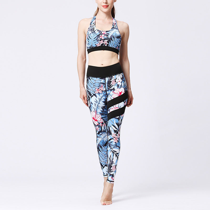 Buddha Stones 2 pezzi Girasole Fiori Foglie Stampa Top Pantaloni Sport Fitness Yoga Yoga Set da donna - Foglie blu fiori rosa - US8-10, UK/AU12-14, EU40-42 (XL)  - image 21