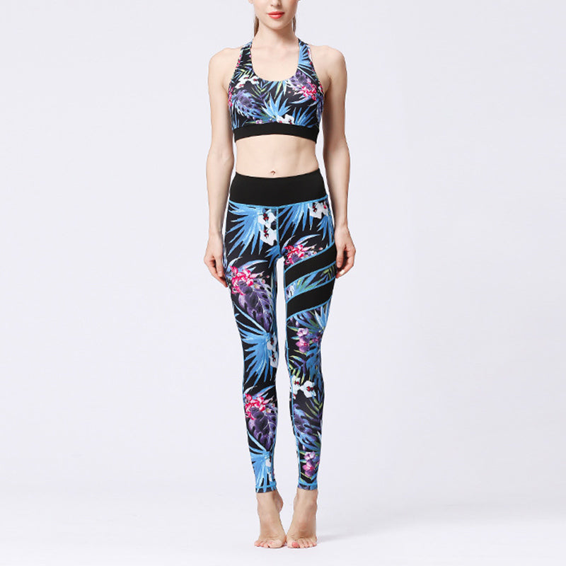 Buddha Stones 2 pezzi Girasole Fiori Foglie Stampa Top Pantaloni Sport Fitness Yoga Yoga Set da donna - Foglie blu nere - US8-10, UK/AU12-14, EU40-42 (XL)  - image 32