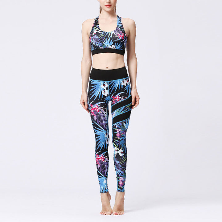 Buddha Stones 2 pezzi Girasole Fiori Foglie Stampa Top Pantaloni Sport Fitness Yoga Yoga Set da donna - Foglie blu nere - US8-10, UK/AU12-14, EU40-42 (XL)  - image 32