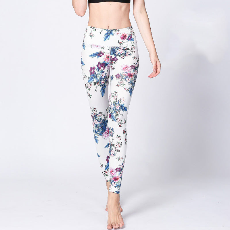 Leggings sportivi da donna con stampa di inchiostro bianco e fiori rosa , Buddha Stones, pantaloni da yoga e fitness - image 1