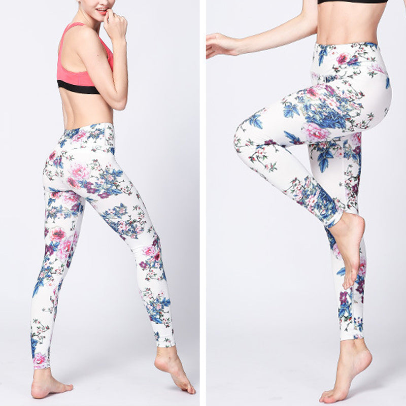 Leggings sportivi da donna con stampa di inchiostro bianco e fiori rosa , Buddha Stones, pantaloni da yoga e fitness - image 2