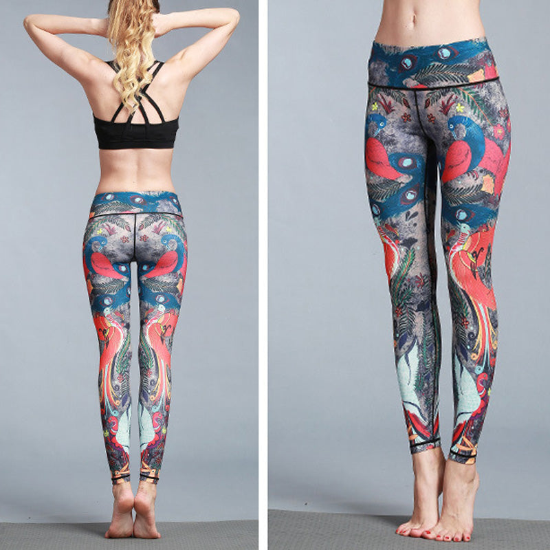 Pantaloni sportivi da yoga con stampa di piume di pavone rosso e blu , Buddha Stones, pantaloni da yoga da donna - image 4