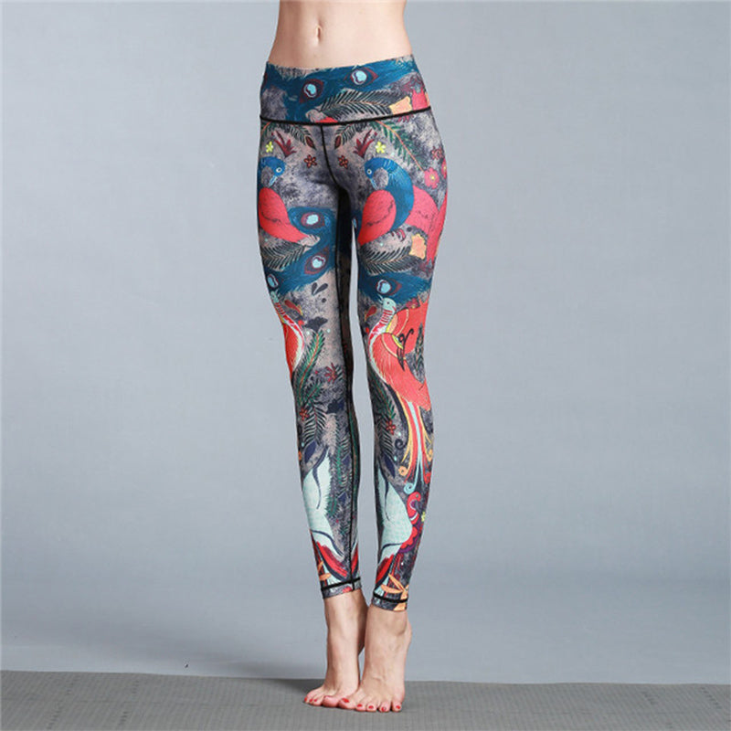 Pantaloni sportivi da yoga con stampa di piume di pavone rosso e blu , Buddha Stones, pantaloni da yoga da donna - image 1