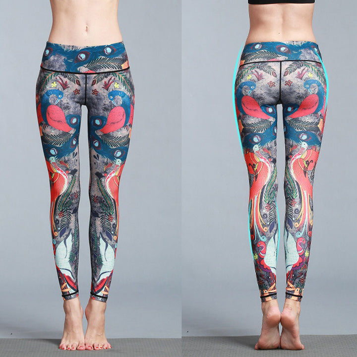 Pantaloni sportivi da yoga con stampa di piume di pavone rosso e blu , Buddha Stones, pantaloni da yoga da donna - image 3