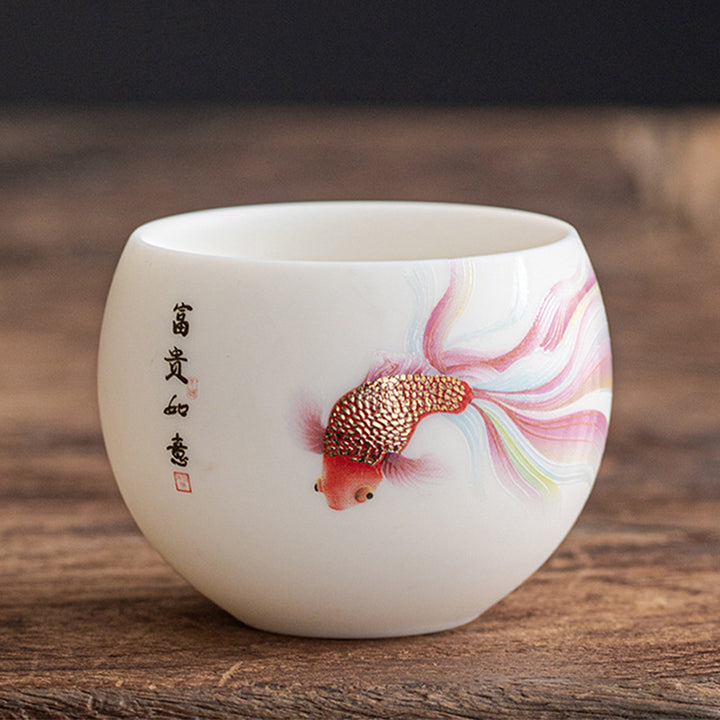 Buddha Stones Koi Fish Tazza da tè in porcellana bianca Tazza da tè in ceramica Kung Fu
