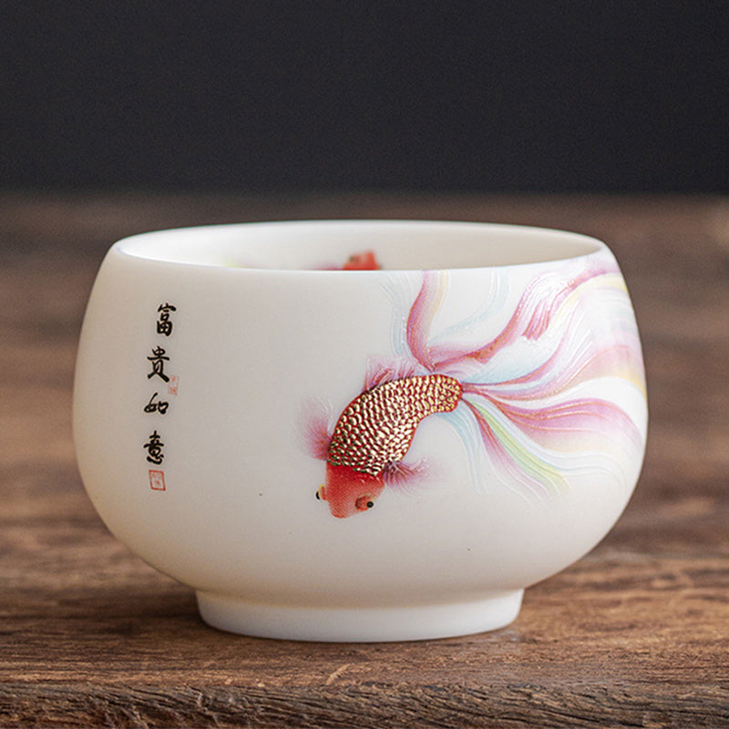 Buddha Stones Koi Fish Tazza da tè in porcellana bianca Tazza da tè in ceramica Kung Fu