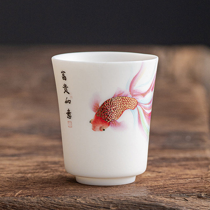 Buddha Stones Koi Fish Tazza da tè in porcellana bianca Tazza da tè in ceramica Kung Fu