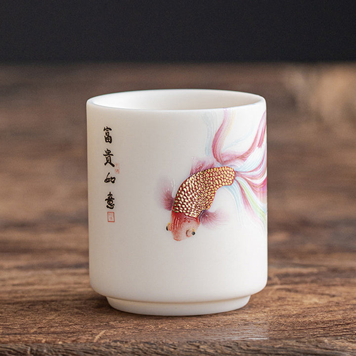 Buddha Stones Koi Fish Tazza da tè in porcellana bianca Tazza da tè in ceramica Kung Fu