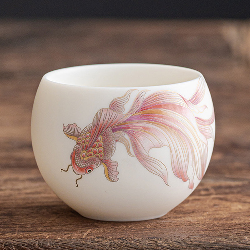 Buddha Stones Koi Fish Tazza da tè in porcellana bianca Tazza da tè in ceramica Kung Fu