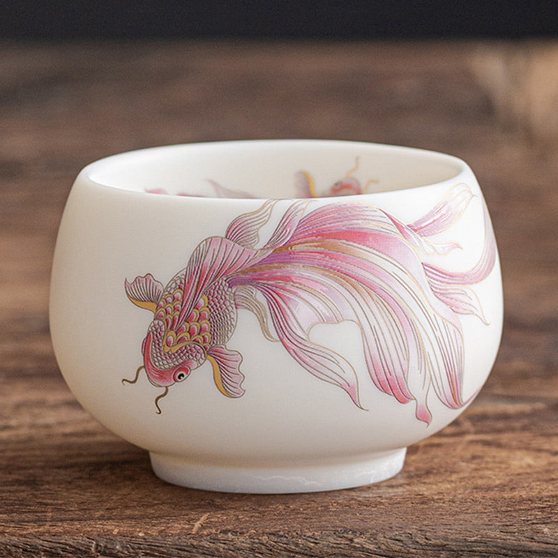 Buddha Stones Koi Fish Tazza da tè in porcellana bianca Tazza da tè in ceramica Kung Fu