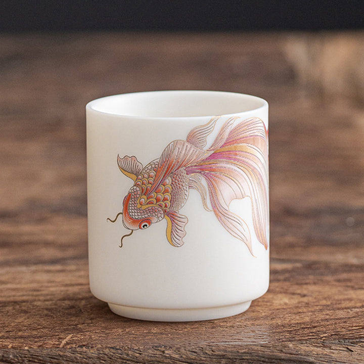 Buddha Stones Koi Fish Tazza da tè in porcellana bianca Tazza da tè in ceramica Kung Fu