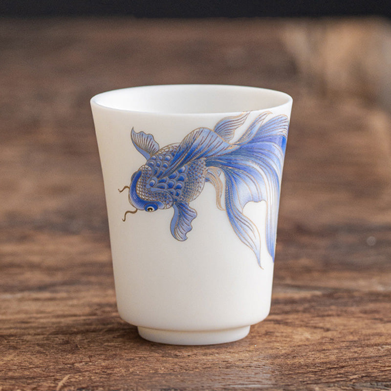 Buddha Stones Koi Fish Tazza da tè in porcellana bianca Tazza da tè in ceramica Kung Fu