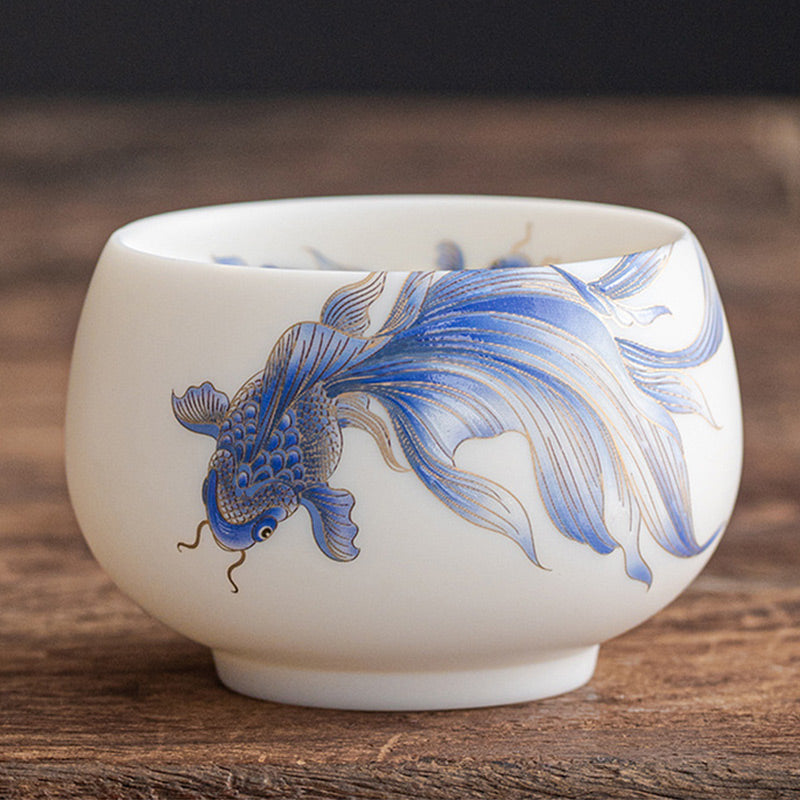 Buddha Stones Koi Fish Tazza da tè in porcellana bianca Tazza da tè in ceramica Kung Fu