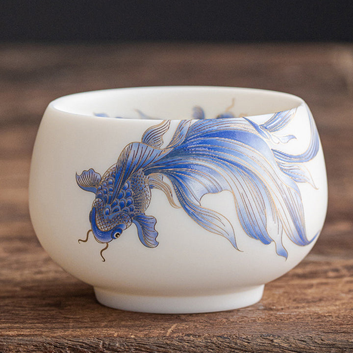 Buddha Stones Koi Fish Tazza da tè in porcellana bianca Tazza da tè in ceramica Kung Fu