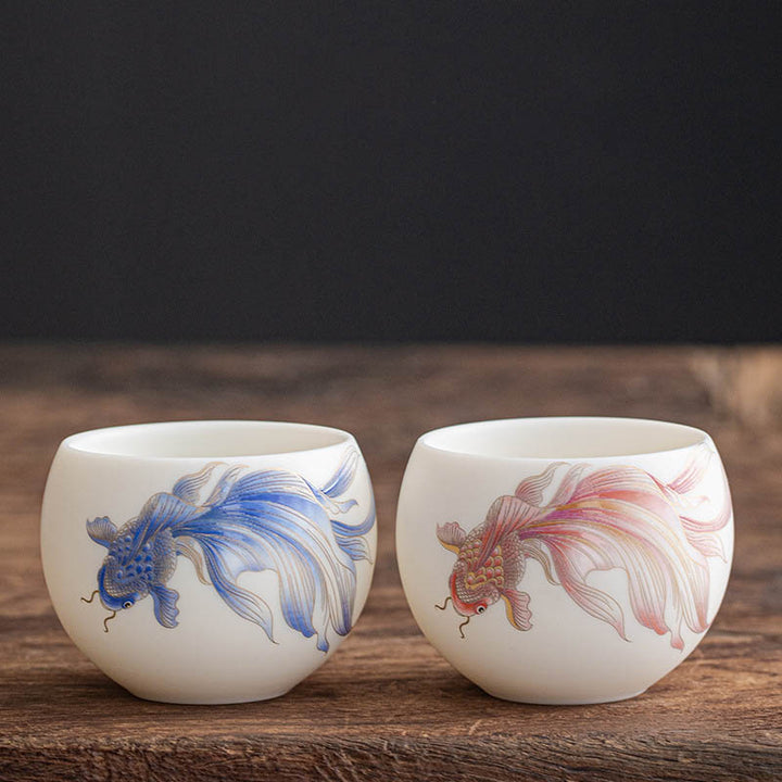Buddha Stones Koi Fish Tazza da tè in porcellana bianca Tazza da tè in ceramica Kung Fu