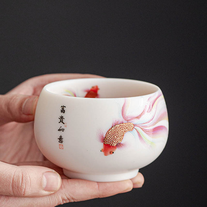 Buddha Stones Koi Fish Tazza da tè in porcellana bianca Tazza da tè in ceramica Kung Fu