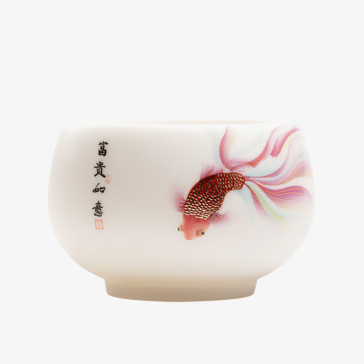 Buddha Stones Koi Fish Tazza da tè in porcellana bianca Tazza da tè in ceramica Kung Fu