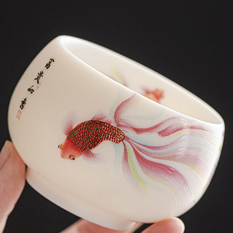 Buddha Stones Koi Fish Tazza da tè in porcellana bianca Tazza da tè in ceramica Kung Fu