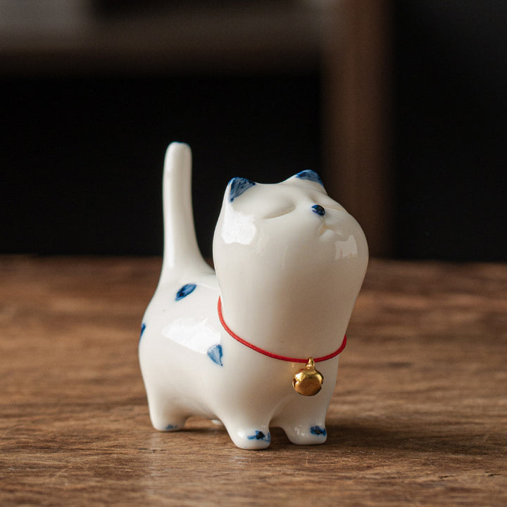 Buddha Stones Mini Lucky White Cat Kitten Tea Pet Ceramica Casa Scrivania Figurina Decorazione