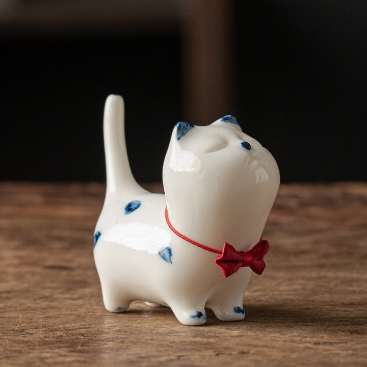 Buddha Stones Mini Lucky White Cat Kitten Tea Pet Ceramica Casa Scrivania Figurina Decorazione
