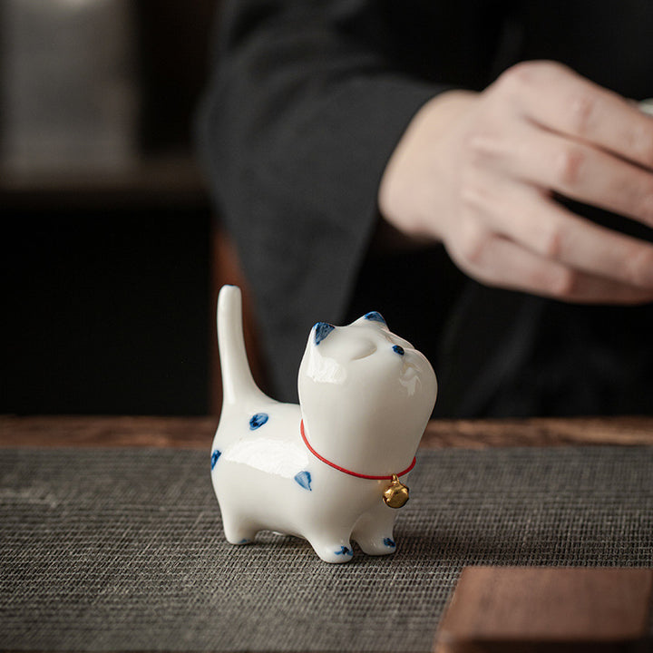 Buddha Stones Mini Lucky White Cat Kitten Tea Pet Ceramica Casa Scrivania Figurina Decorazione