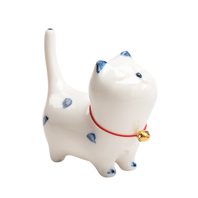 Buddha Stones Mini Lucky White Cat Kitten Tea Pet Ceramica Casa Scrivania Figurina Decorazione