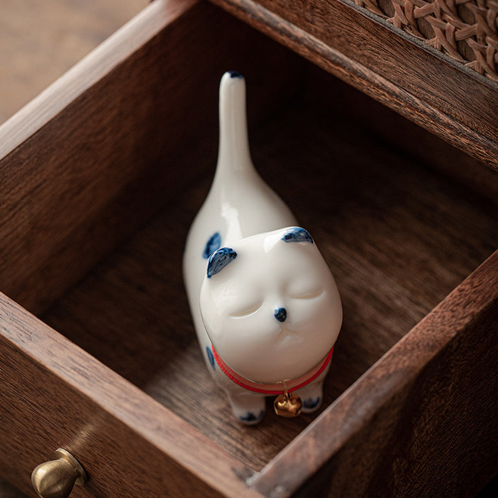Buddha Stones Mini Lucky White Cat Kitten Tea Pet Ceramica Casa Scrivania Figurina Decorazione